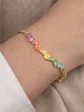 Gold Plated Rainbow Crystal Bracelet Colorful Dainty Tennis Style CZ Jewelry